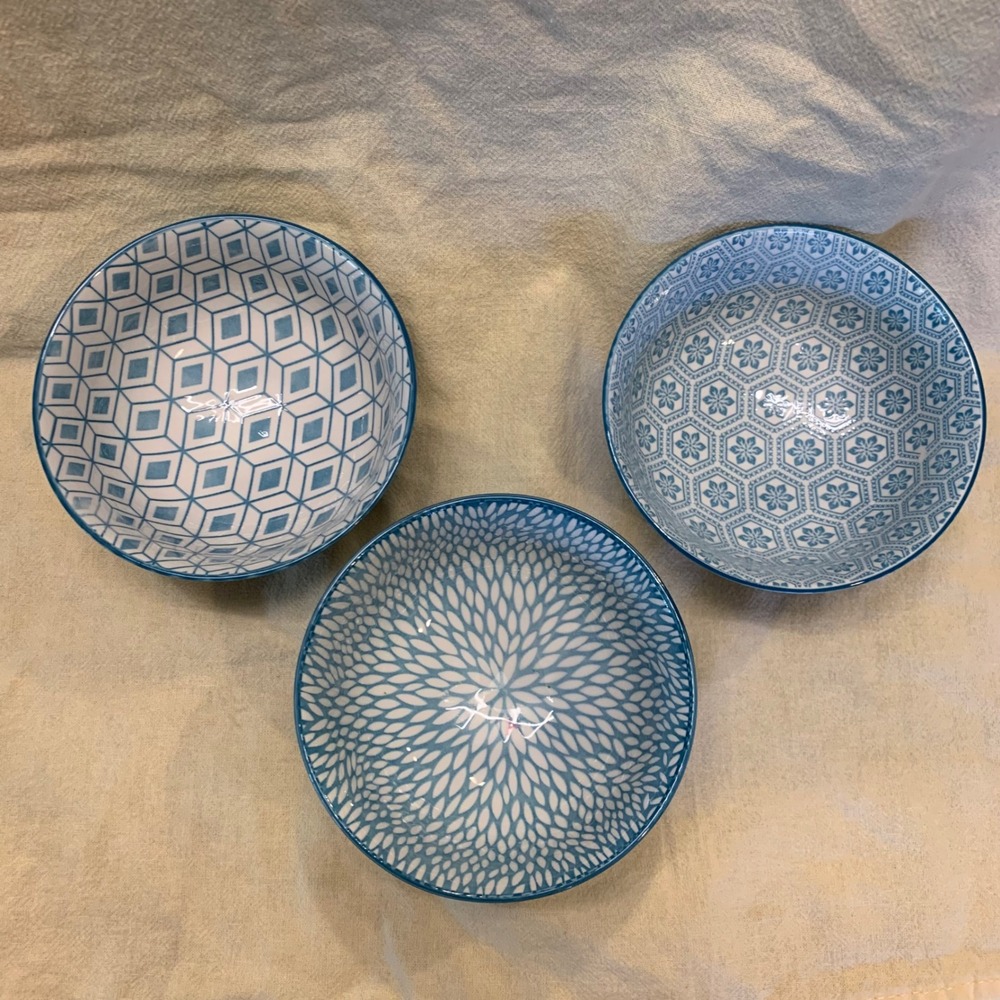 Emika Ceramic Bowl 4.5” Set Blue Excellent Geometric Floral Pattern 3pc